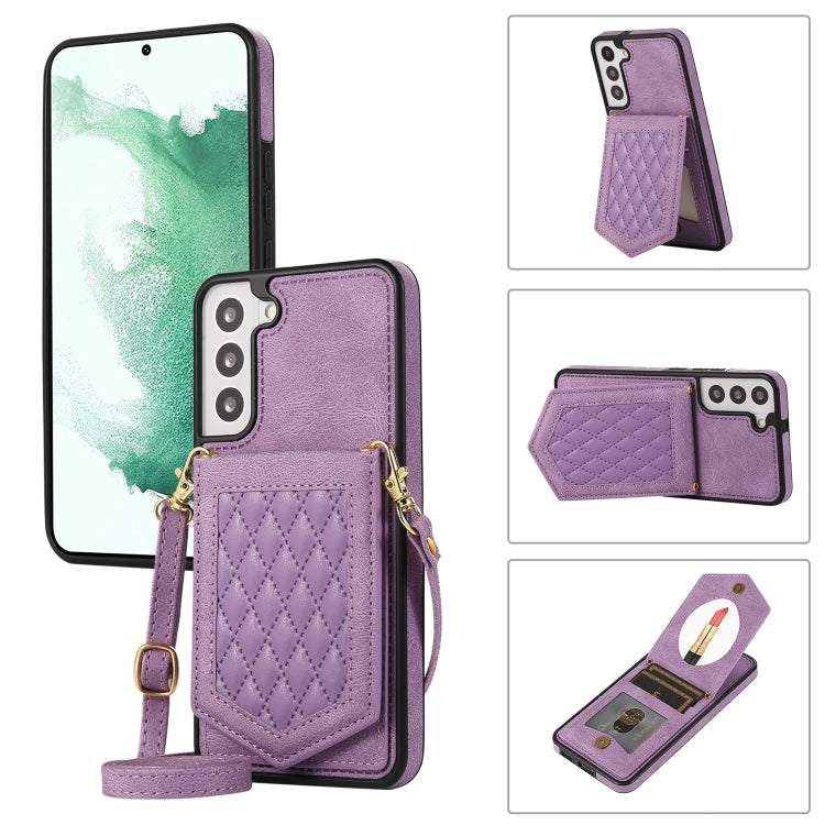 For Samsung Galaxy S22+ 5G Rhombic Texture RFID Phone Case with Lanyard & Mirror