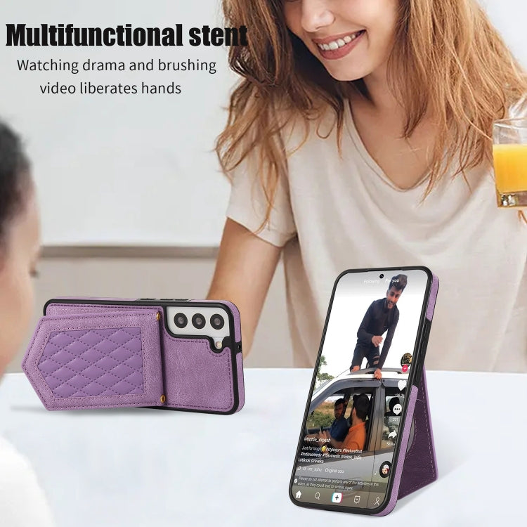 For Samsung Galaxy S22+ 5G Rhombic Texture RFID Phone Case with Lanyard & Mirror