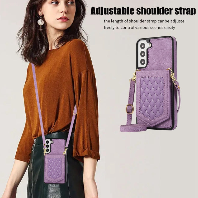 For Samsung Galaxy S22+ 5G Rhombic Texture RFID Phone Case with Lanyard & Mirror