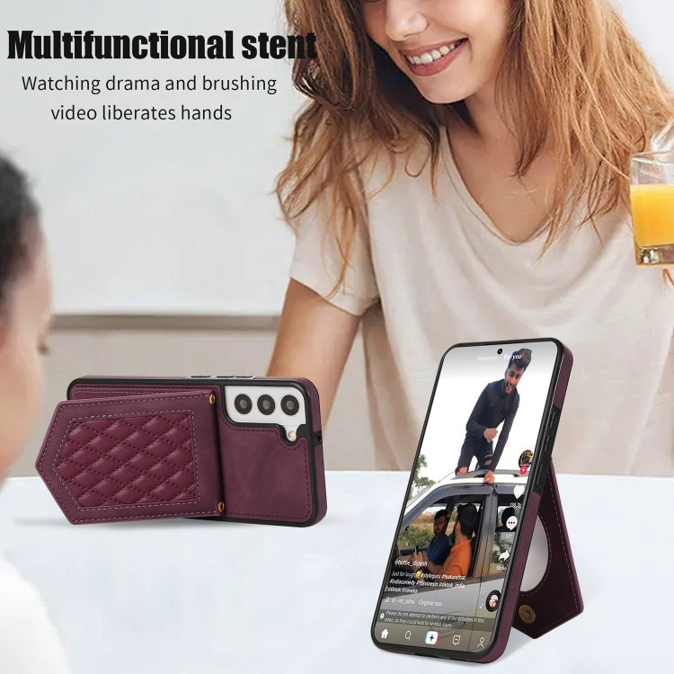 For Samsung Galaxy S22+ 5G Rhombic Texture RFID Phone Case with Lanyard & Mirror