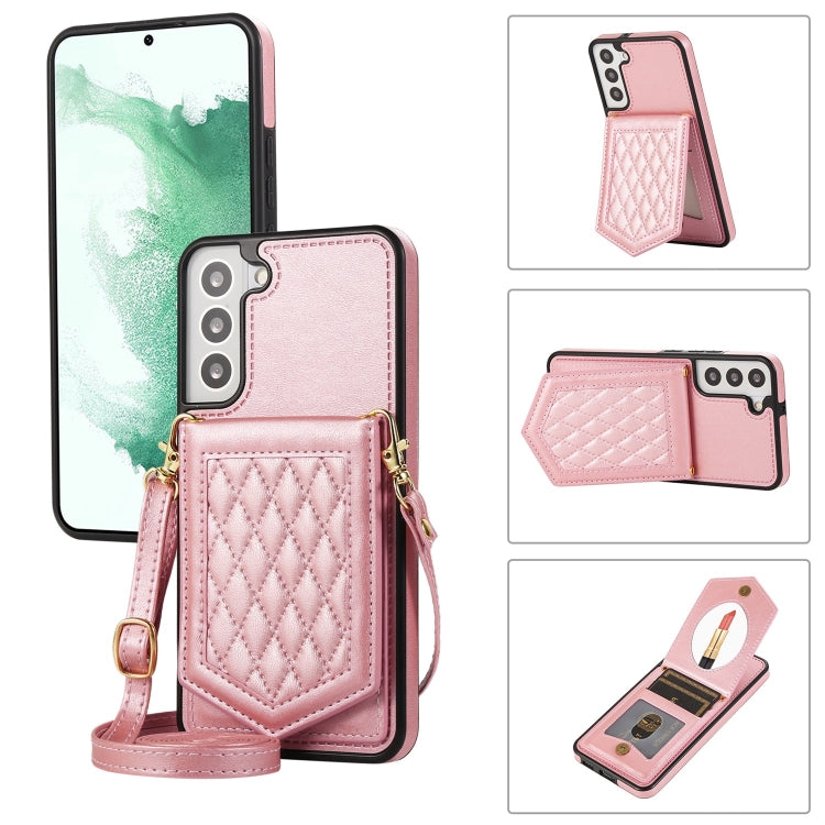 For Samsung Galaxy S21 5G Rhombic Texture RFID Phone Case with Lanyard & Mirror