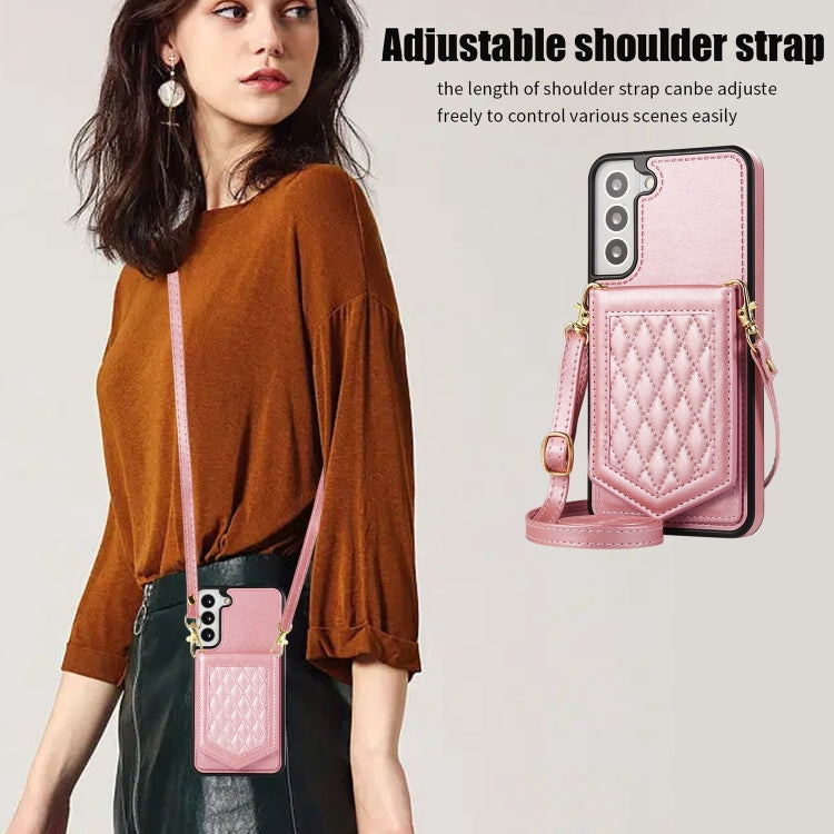For Samsung Galaxy S21 5G Rhombic Texture RFID Phone Case with Lanyard & Mirror