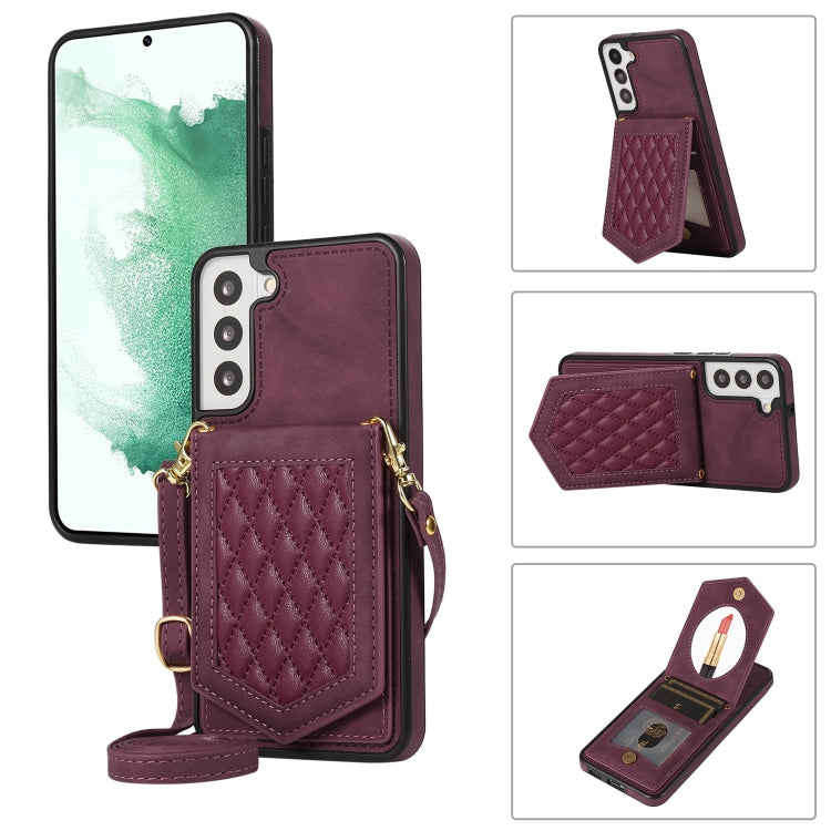 For Samsung Galaxy S21 5G Rhombic Texture RFID Phone Case with Lanyard & Mirror