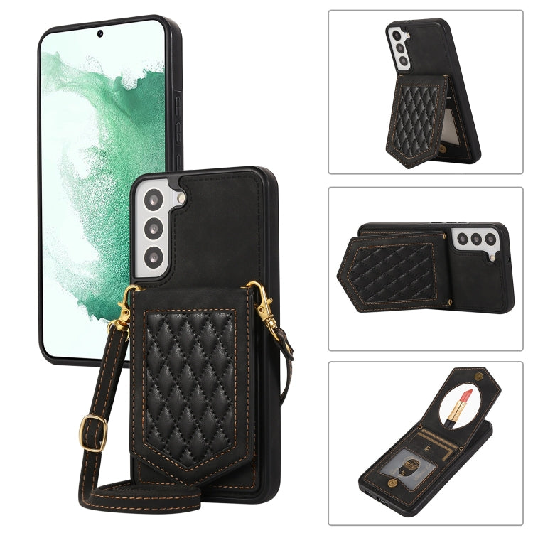 For Samsung Galaxy S21 5G Rhombic Texture RFID Phone Case with Lanyard & Mirror