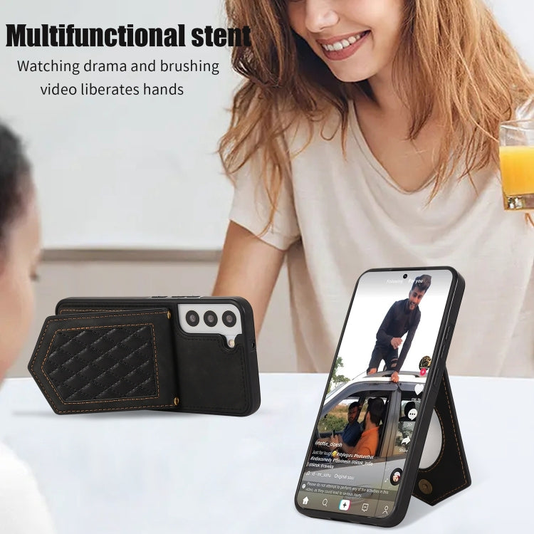 For Samsung Galaxy S21 5G Rhombic Texture RFID Phone Case with Lanyard & Mirror