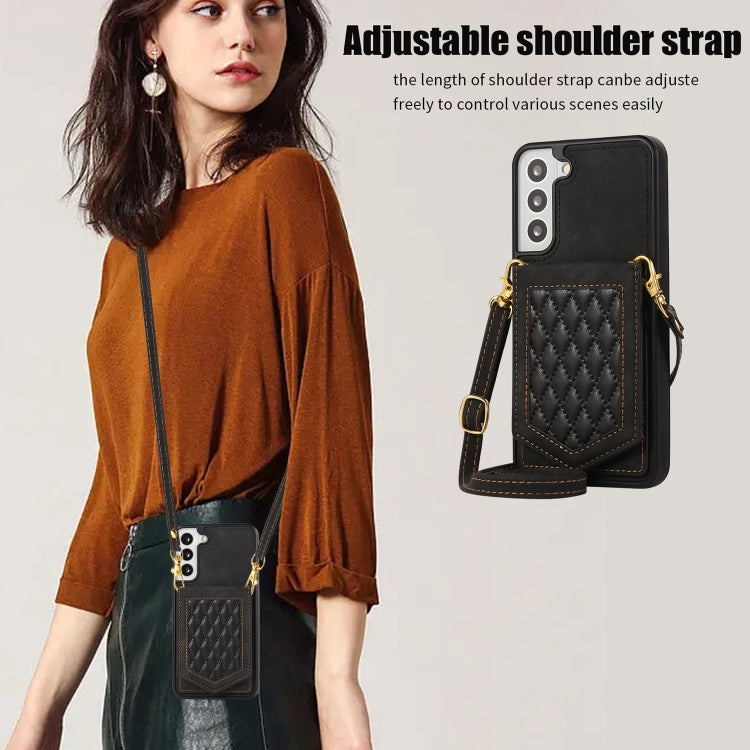 For Samsung Galaxy S21 5G Rhombic Texture RFID Phone Case with Lanyard & Mirror