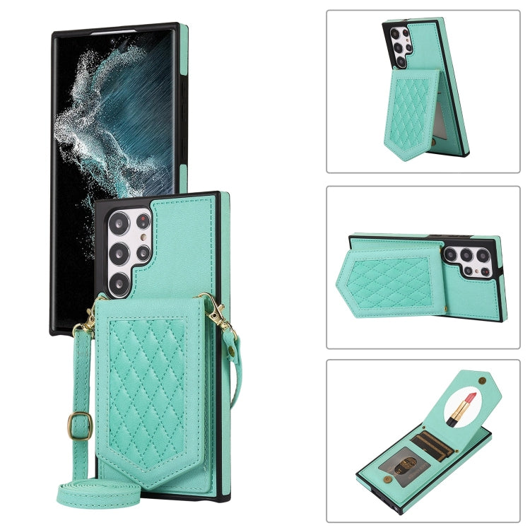 For Samsung Galaxy S22 Ultra 5G Rhombic Texture RFID Phone Case with Lanyard & Mirror