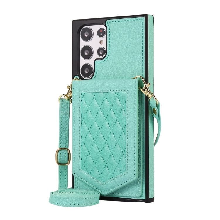 For Samsung Galaxy S22 Ultra 5G Rhombic Texture RFID Phone Case with Lanyard & Mirror