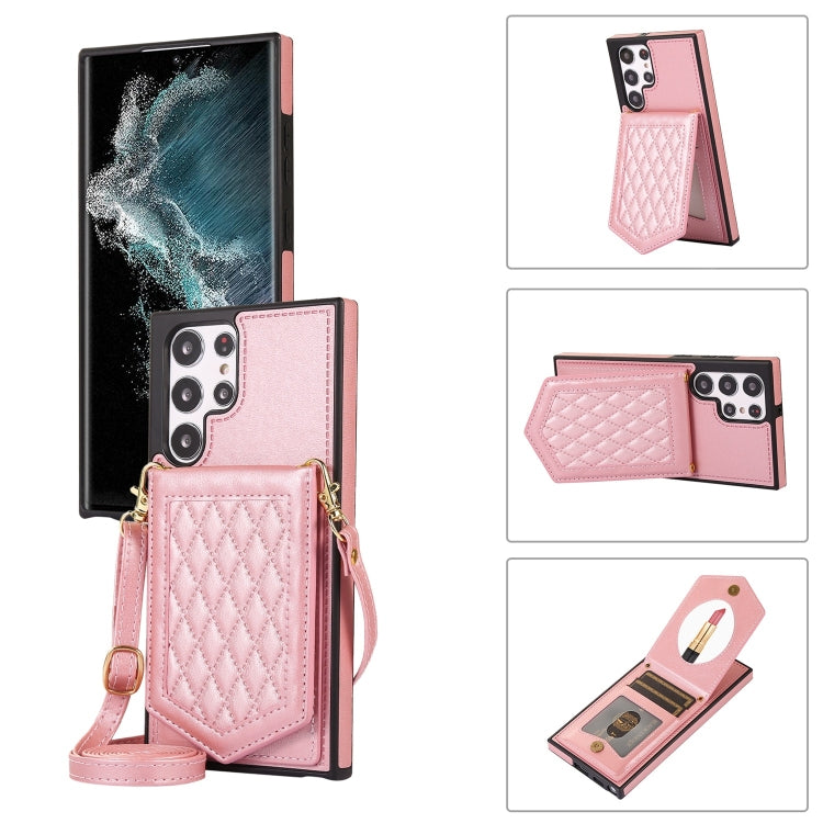 For Samsung Galaxy S22 Ultra 5G Rhombic Texture RFID Phone Case with Lanyard & Mirror