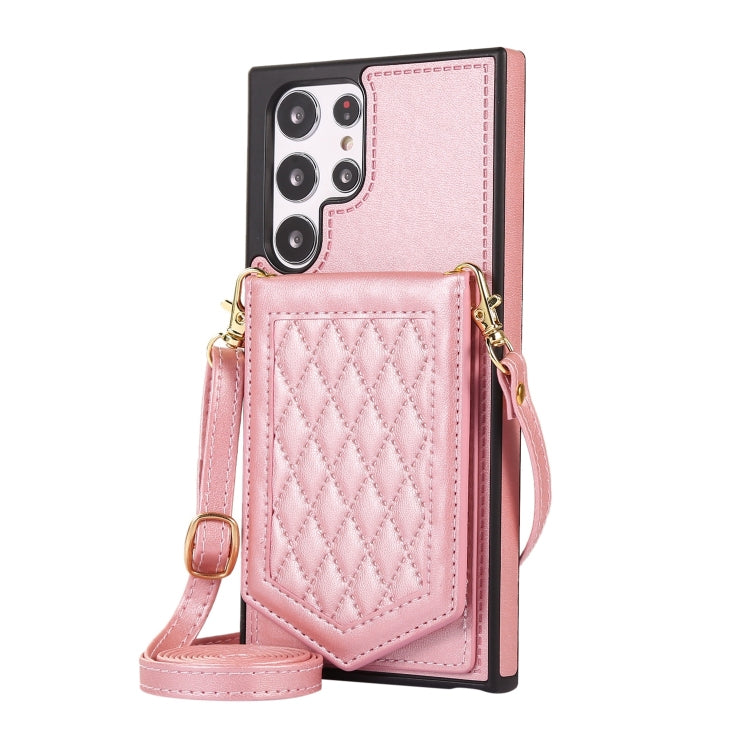 For Samsung Galaxy S22 Ultra 5G Rhombic Texture RFID Phone Case with Lanyard & Mirror