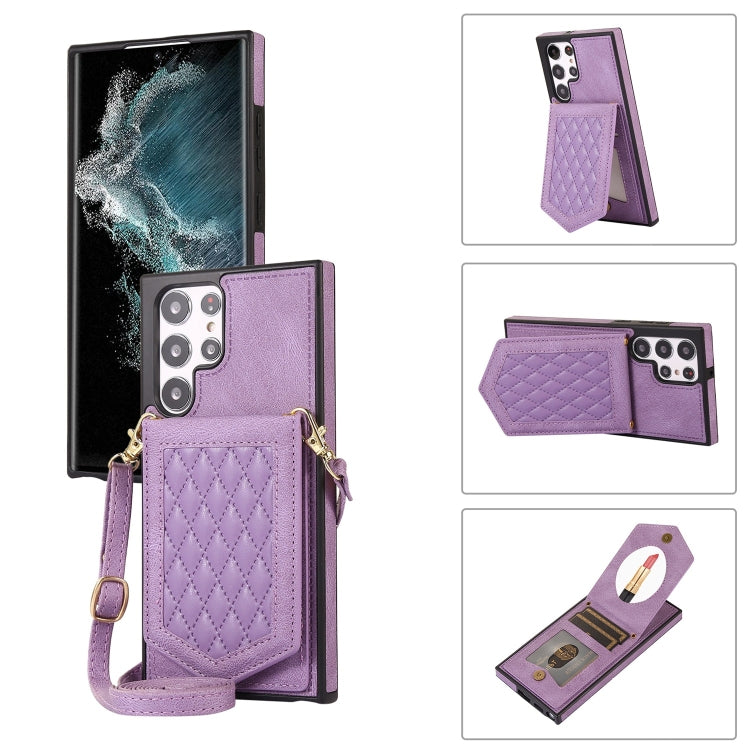 For Samsung Galaxy S22 Ultra 5G Rhombic Texture RFID Phone Case with Lanyard & Mirror