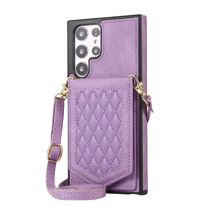 For Samsung Galaxy S22 Ultra 5G Rhombic Texture RFID Phone Case with Lanyard & Mirror