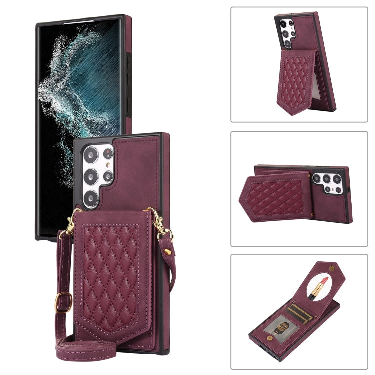 For Samsung Galaxy S22 Ultra 5G Rhombic Texture RFID Phone Case with Lanyard & Mirror