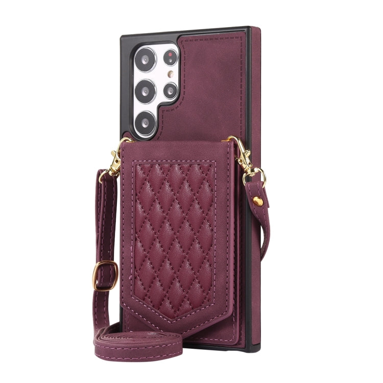 For Samsung Galaxy S22 Ultra 5G Rhombic Texture RFID Phone Case with Lanyard & Mirror