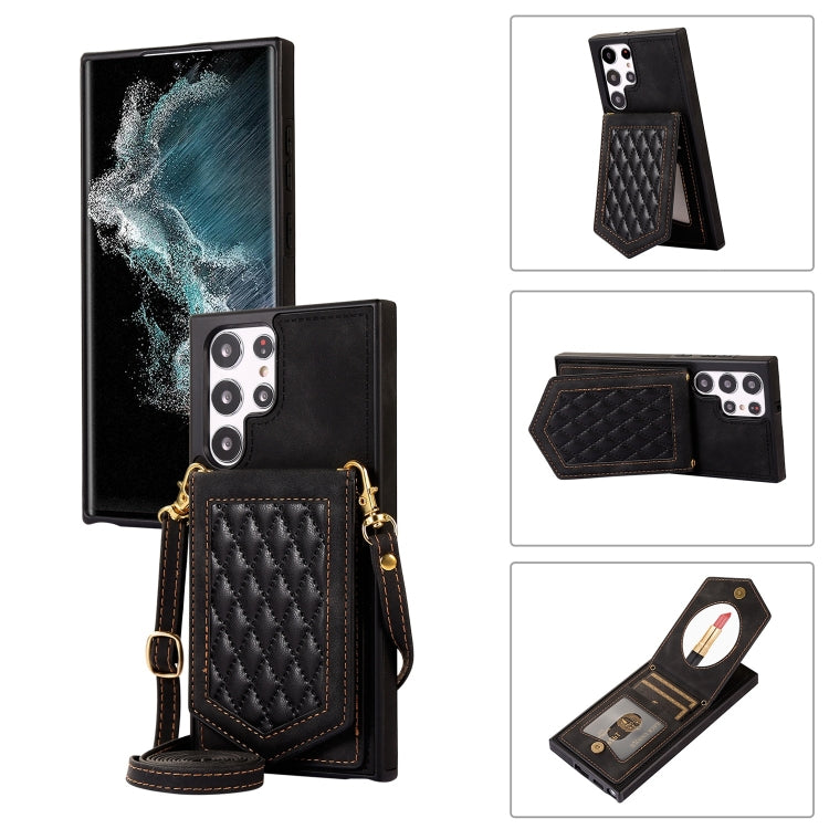 For Samsung Galaxy S22 Ultra 5G Rhombic Texture RFID Phone Case with Lanyard & Mirror