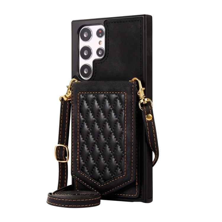For Samsung Galaxy S22 Ultra 5G Rhombic Texture RFID Phone Case with Lanyard & Mirror