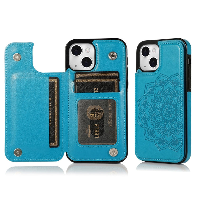 For iPhone 14 Double Buckle Mandala Leather Wallet Back Cover Phone Case