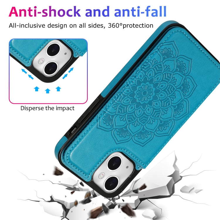 For iPhone 14 Double Buckle Mandala Leather Wallet Back Cover Phone Case