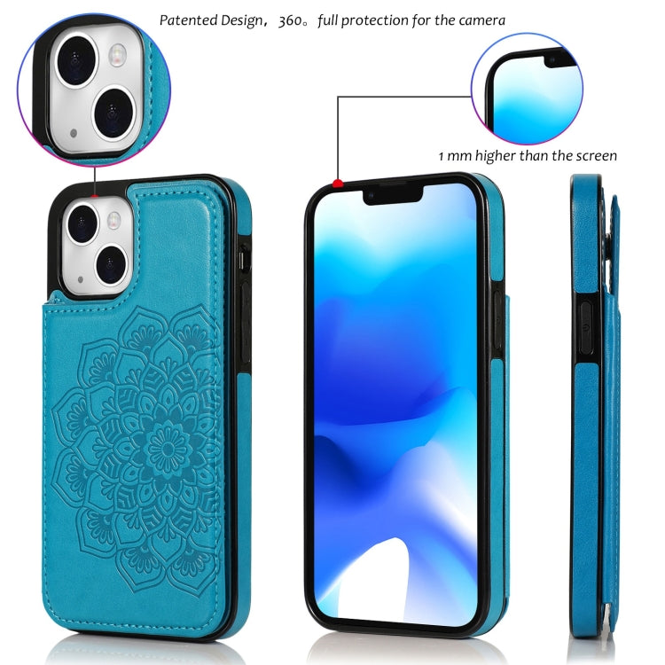 For iPhone 14 Double Buckle Mandala Leather Wallet Back Cover Phone Case