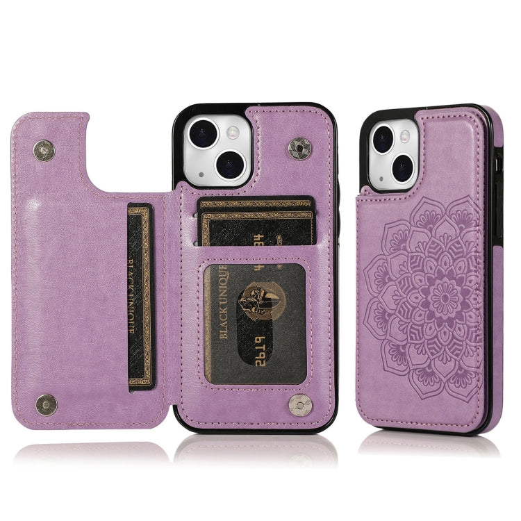 For iPhone 14 Double Buckle Mandala Leather Wallet Back Cover Phone Case