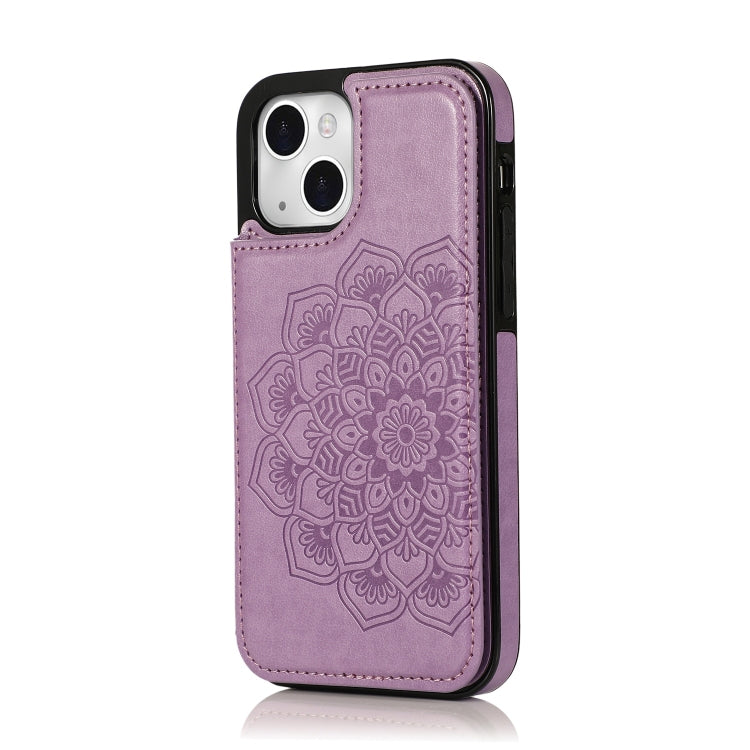 For iPhone 14 Double Buckle Mandala Leather Wallet Back Cover Phone Case