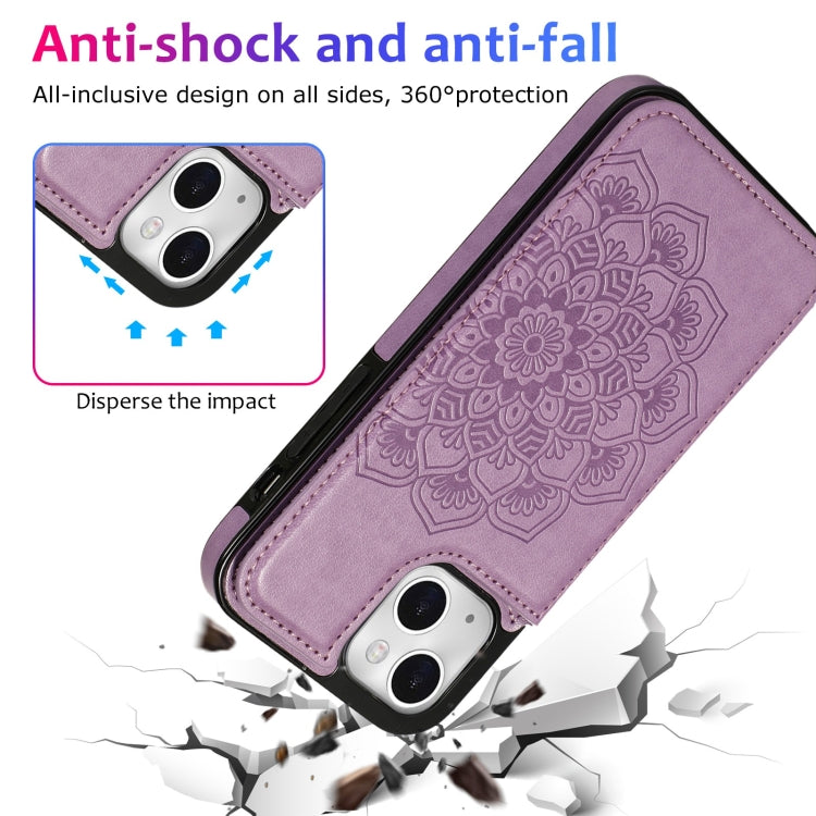 For iPhone 14 Double Buckle Mandala Leather Wallet Back Cover Phone Case
