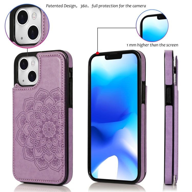 For iPhone 14 Double Buckle Mandala Leather Wallet Back Cover Phone Case