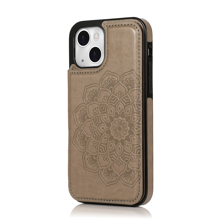 For iPhone 14 Double Buckle Mandala Leather Wallet Back Cover Phone Case