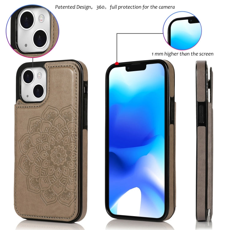 For iPhone 14 Double Buckle Mandala Leather Wallet Back Cover Phone Case