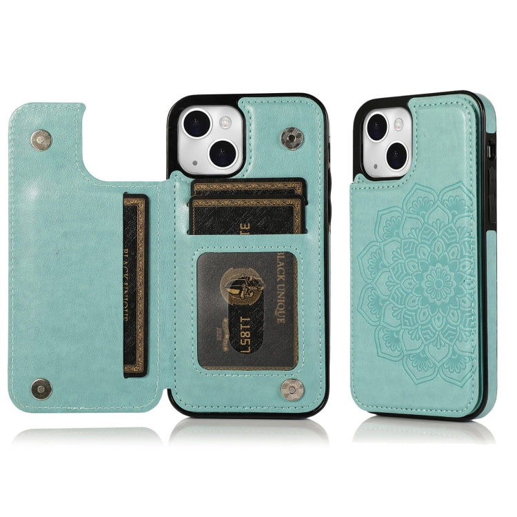 For iPhone 14 Double Buckle Mandala Leather Wallet Back Cover Phone Case