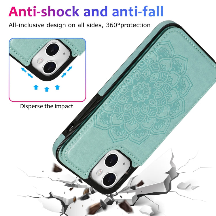 For iPhone 14 Double Buckle Mandala Leather Wallet Back Cover Phone Case
