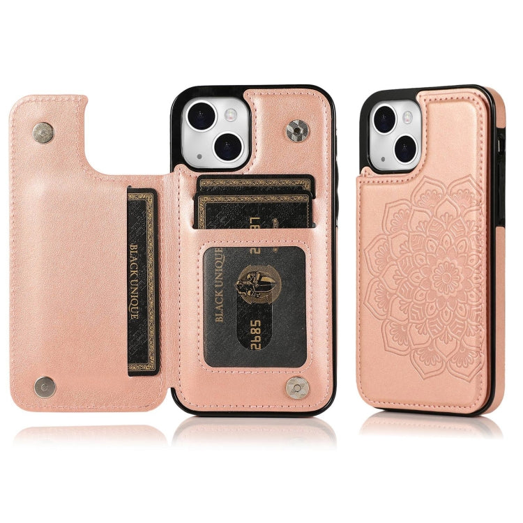 For iPhone 14 Plus Double Buckle Mandala Leather Wallet Back Cover Phone Case