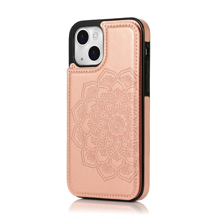 For iPhone 14 Plus Double Buckle Mandala Leather Wallet Back Cover Phone Case