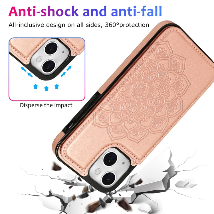 For iPhone 14 Plus Double Buckle Mandala Leather Wallet Back Cover Phone Case
