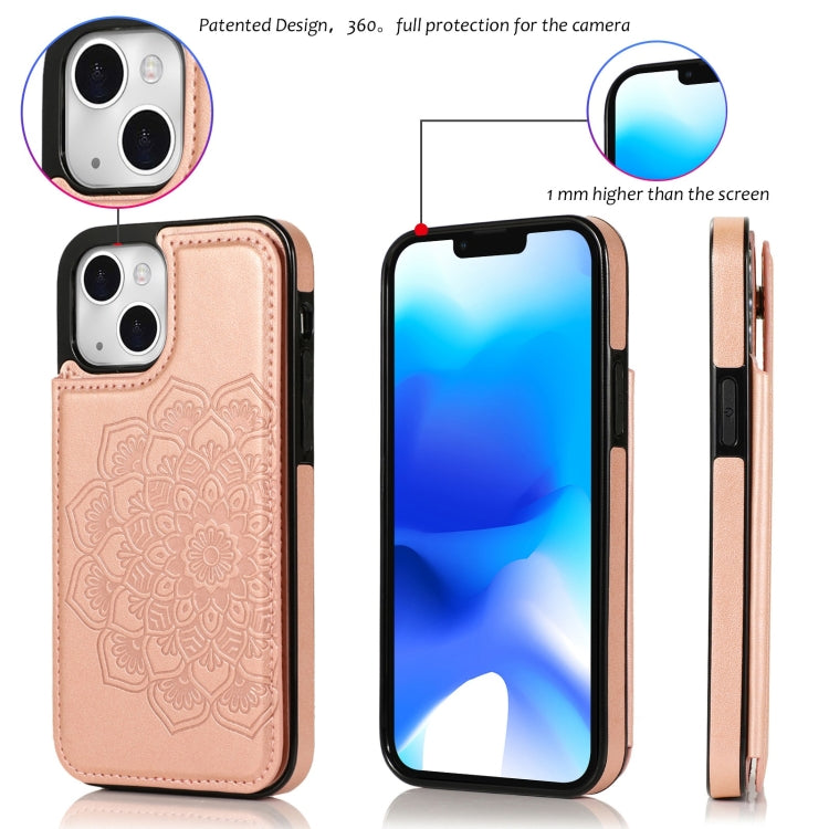 For iPhone 14 Plus Double Buckle Mandala Leather Wallet Back Cover Phone Case