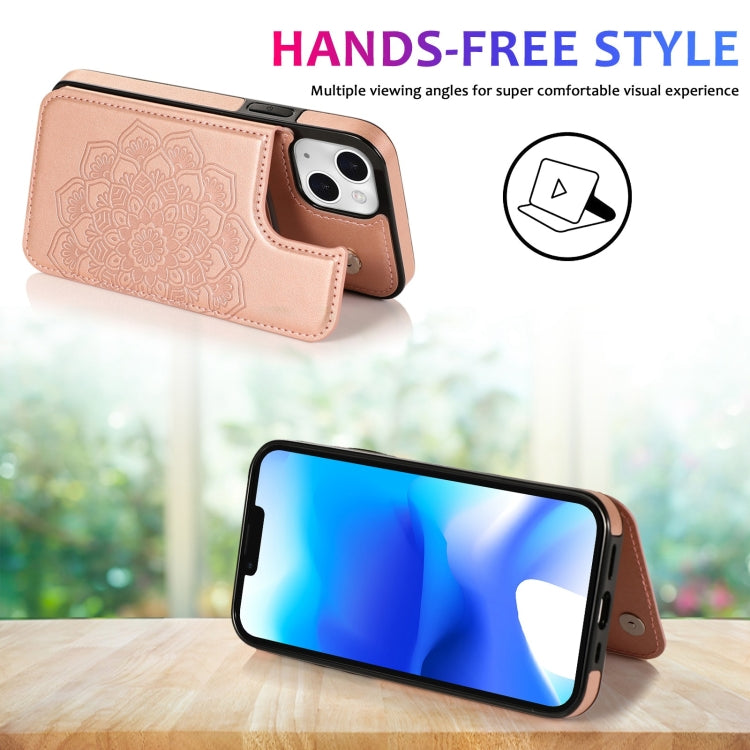 For iPhone 14 Plus Double Buckle Mandala Leather Wallet Back Cover Phone Case