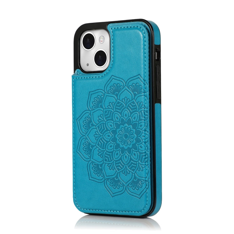For iPhone 14 Plus Double Buckle Mandala Leather Wallet Back Cover Phone Case