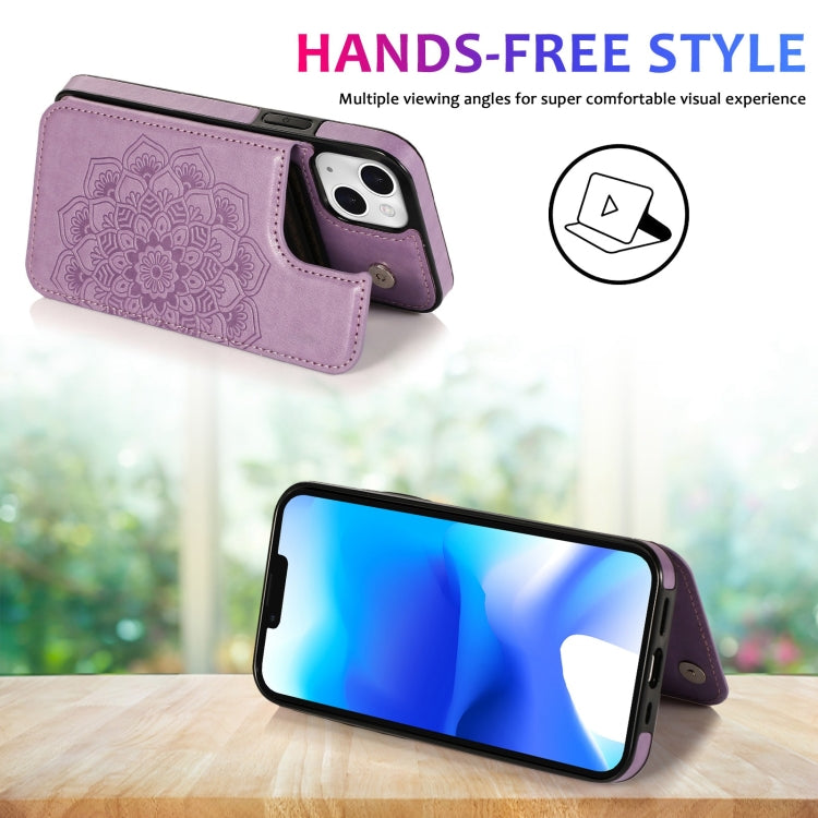 For iPhone 14 Plus Double Buckle Mandala Leather Wallet Back Cover Phone Case