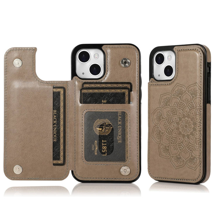 For iPhone 14 Plus Double Buckle Mandala Leather Wallet Back Cover Phone Case