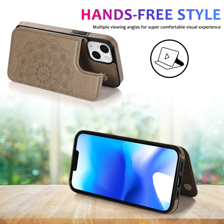 For iPhone 14 Plus Double Buckle Mandala Leather Wallet Back Cover Phone Case
