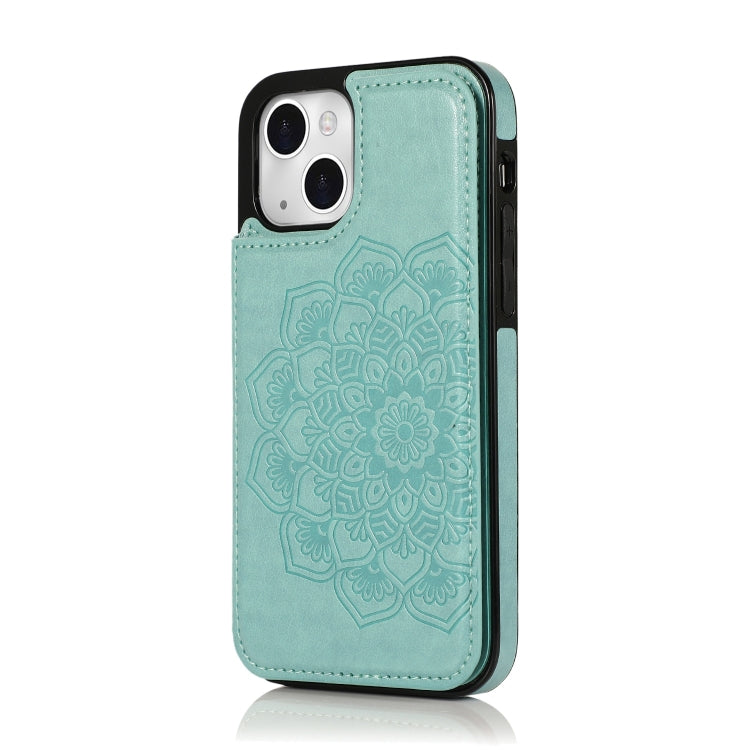 For iPhone 14 Plus Double Buckle Mandala Leather Wallet Back Cover Phone Case