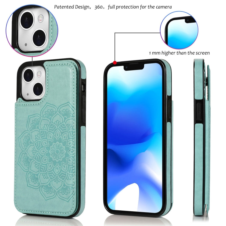 For iPhone 14 Plus Double Buckle Mandala Leather Wallet Back Cover Phone Case
