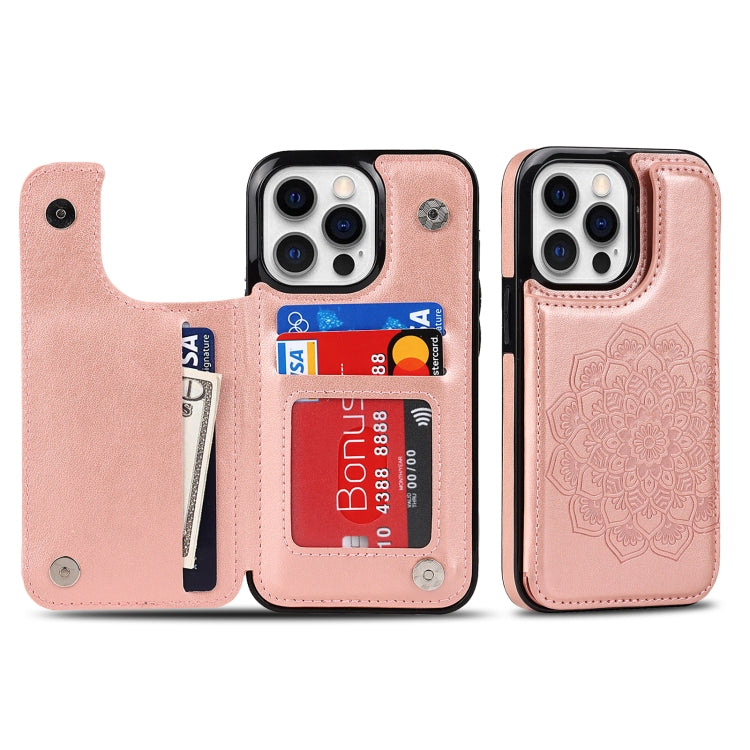 For iPhone 14 Pro Double Buckle Mandala Leather Wallet Back Cover Phone Case