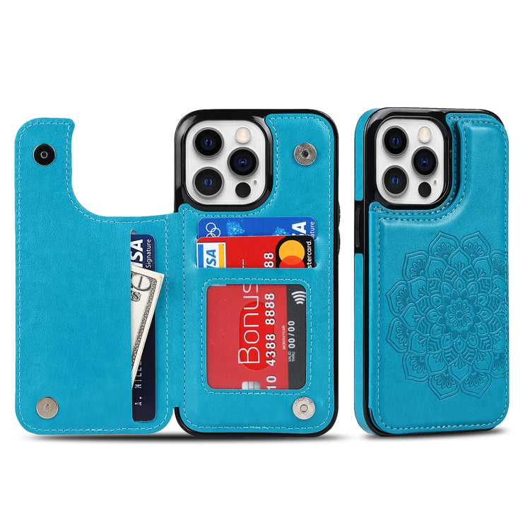 For iPhone 14 Pro Double Buckle Mandala Leather Wallet Back Cover Phone Case