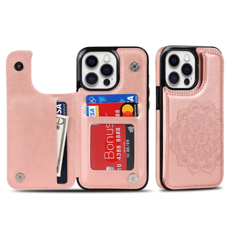 For iPhone 14 Pro Max Double Buckle Mandala Leather Wallet Back Cover Phone Case