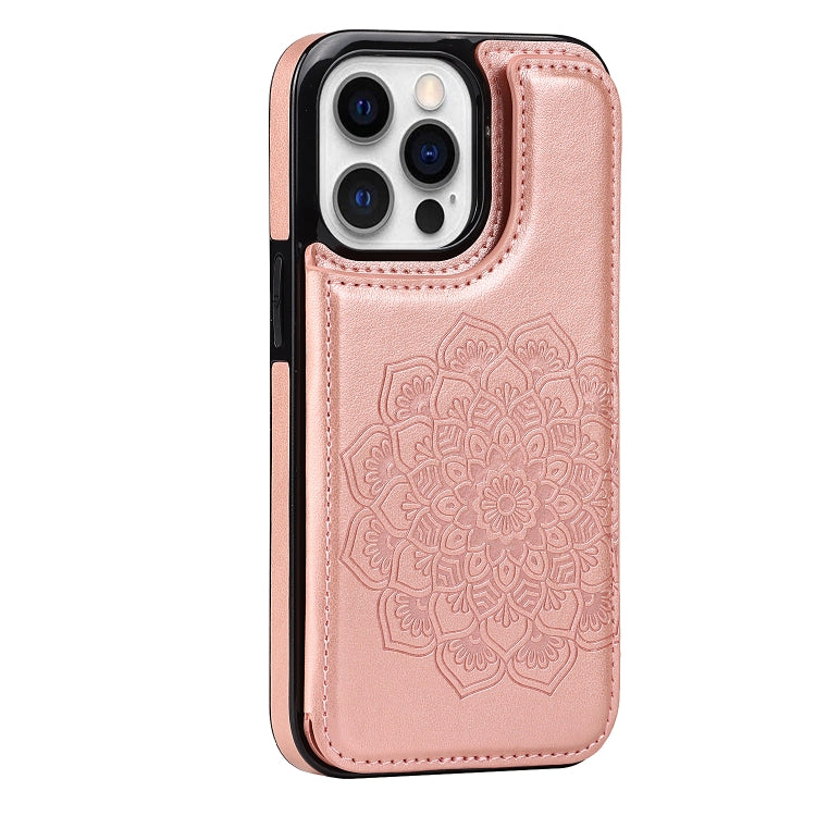 For iPhone 14 Pro Max Double Buckle Mandala Leather Wallet Back Cover Phone Case