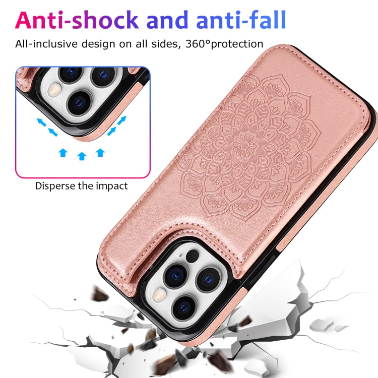 For iPhone 14 Pro Max Double Buckle Mandala Leather Wallet Back Cover Phone Case