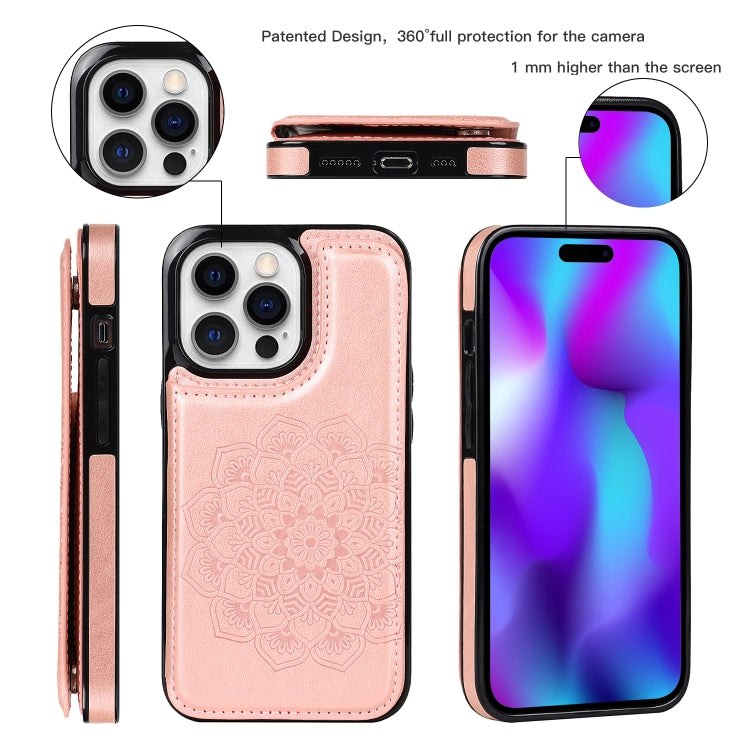 For iPhone 14 Pro Max Double Buckle Mandala Leather Wallet Back Cover Phone Case