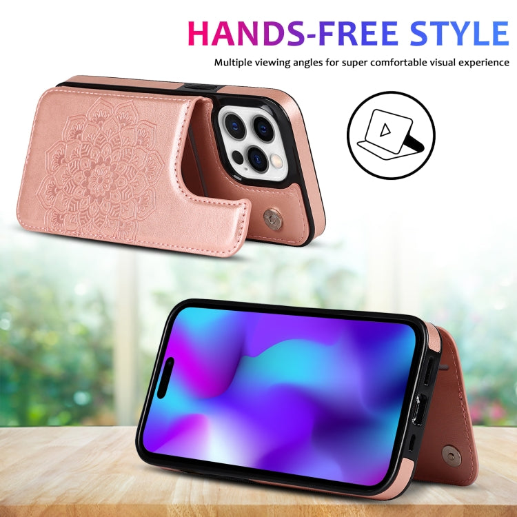 For iPhone 14 Pro Max Double Buckle Mandala Leather Wallet Back Cover Phone Case