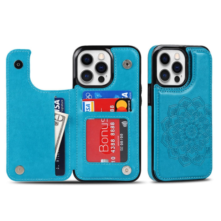 For iPhone 14 Pro Max Double Buckle Mandala Leather Wallet Back Cover Phone Case